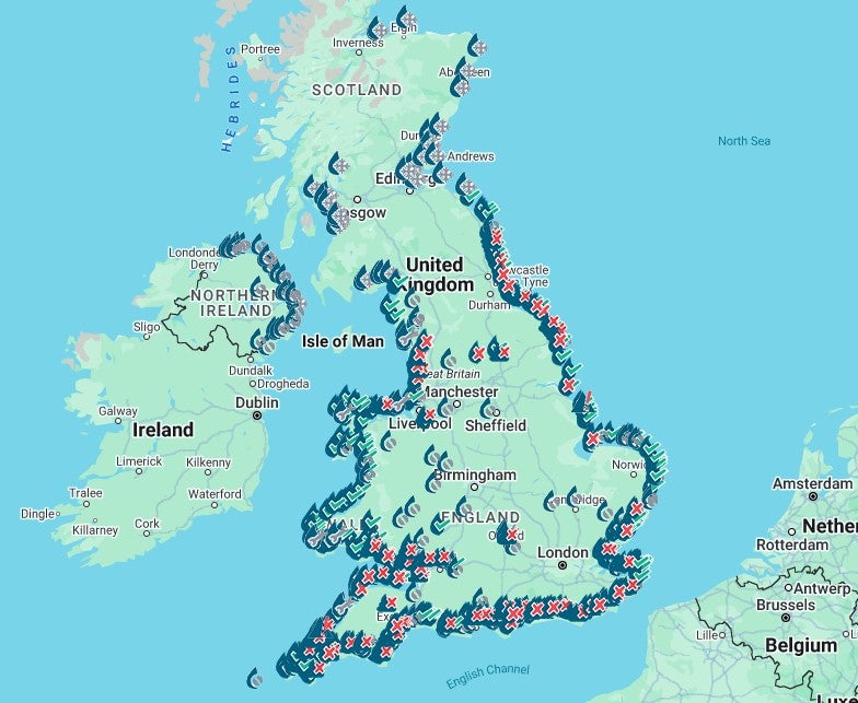 Sewage alerts have been issued for the south and east coast of England