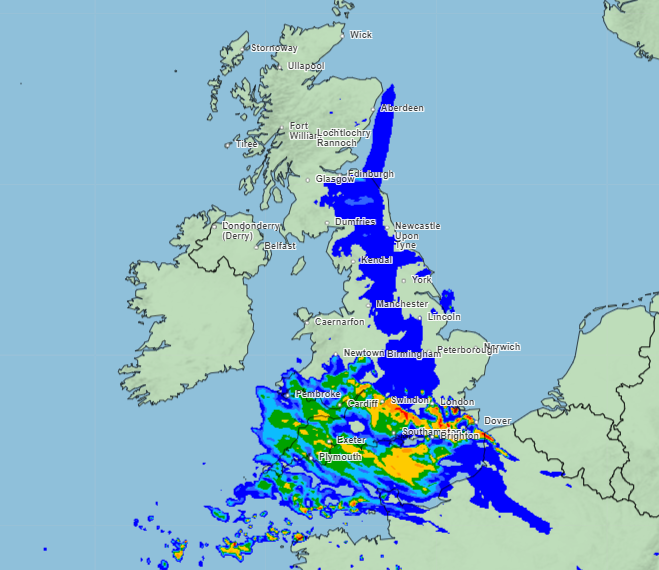 Most of the southern UK will be at risk of heavy rain by 2pm, with more than 32mm possible in some pockets, as shown by the red