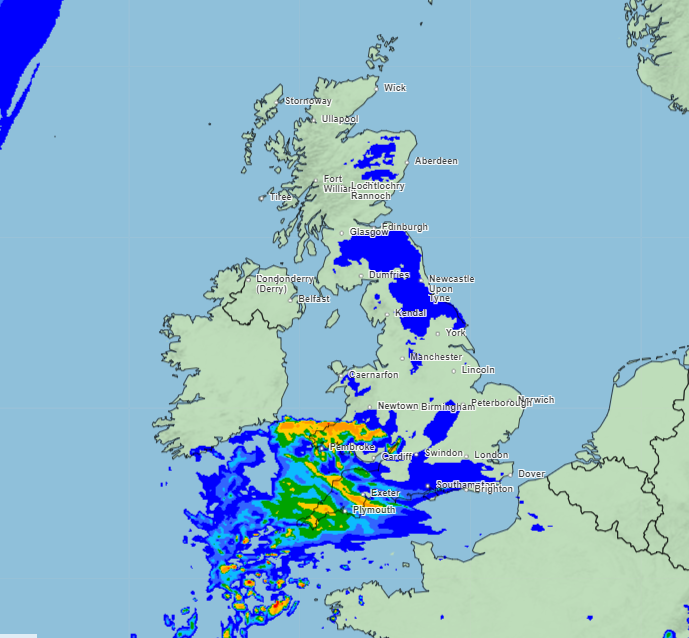 The large patch of rain will shift westwards with South Wales and Cornwall at risk