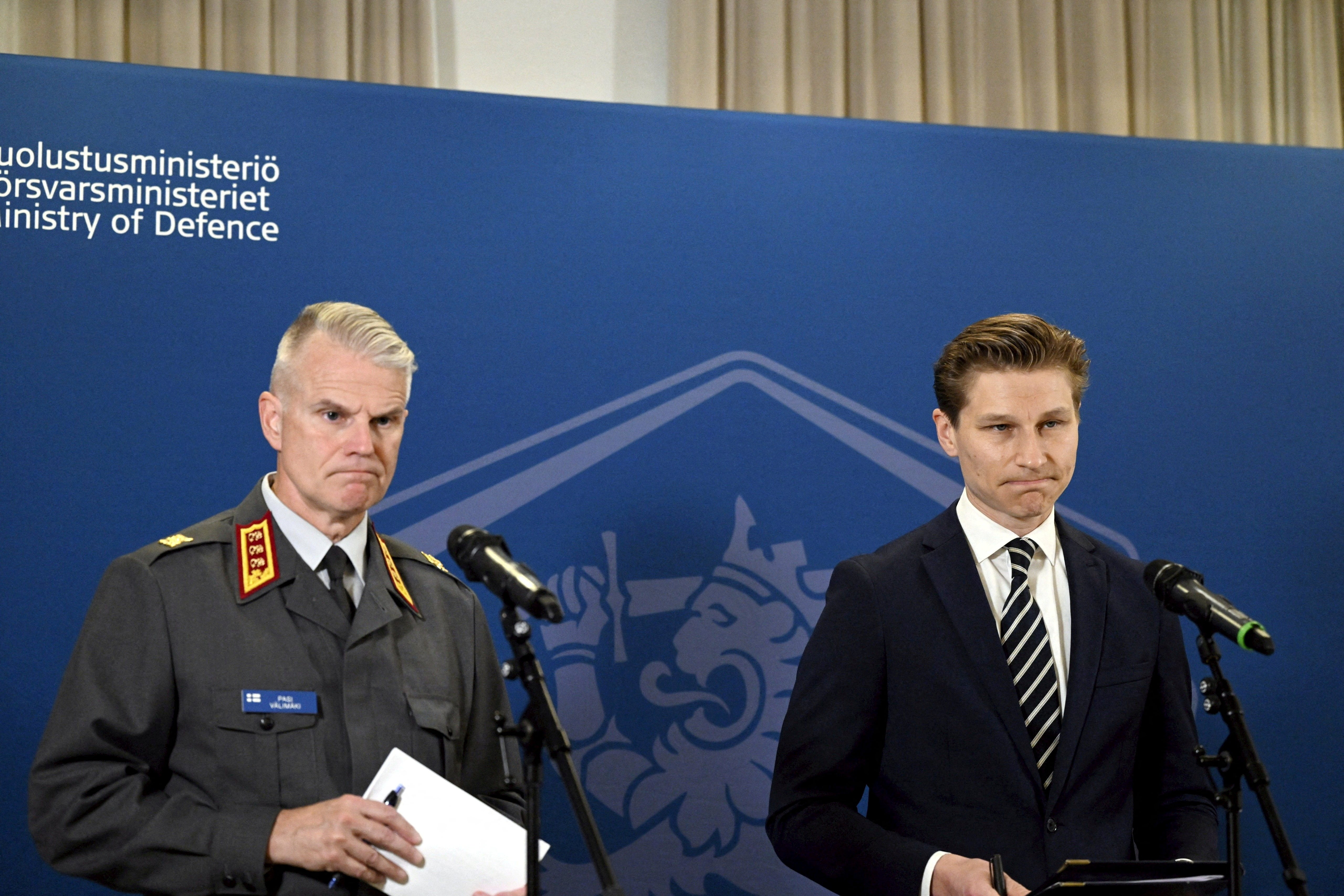 Finnish Defence Minister Antti Hakkanen and Commander of the Finnish Army Lieutenant General Pasi Valimaki attend a press conference, as defence administration of Finland proposes Mikkeli, the town where the Finnish Army Command is based, as the location for Nato’s Multi Corps Land Component Command, in Helsinki, Finland