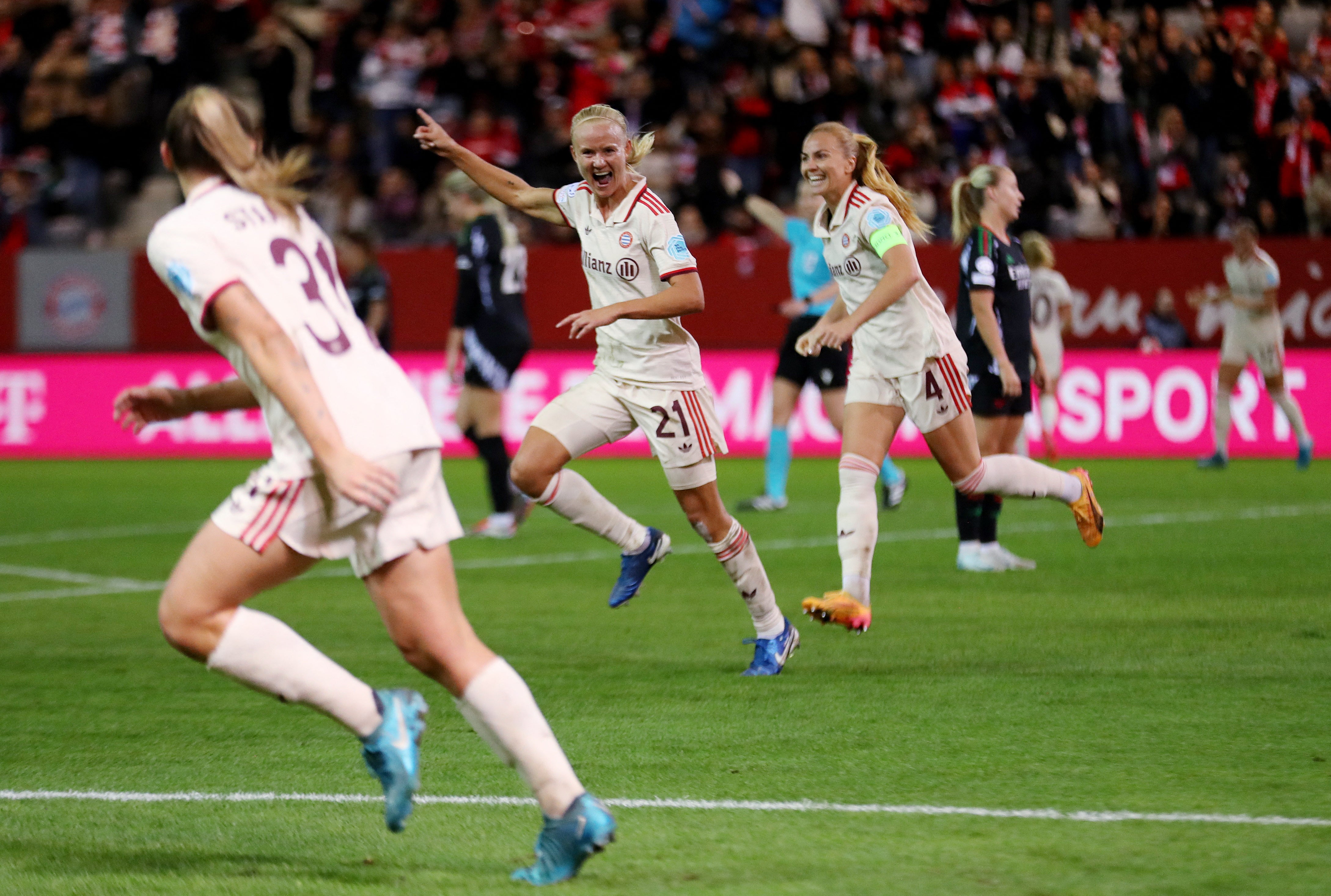 Bayern Munich's Pernille Harder celebrates scoring their fourth goal