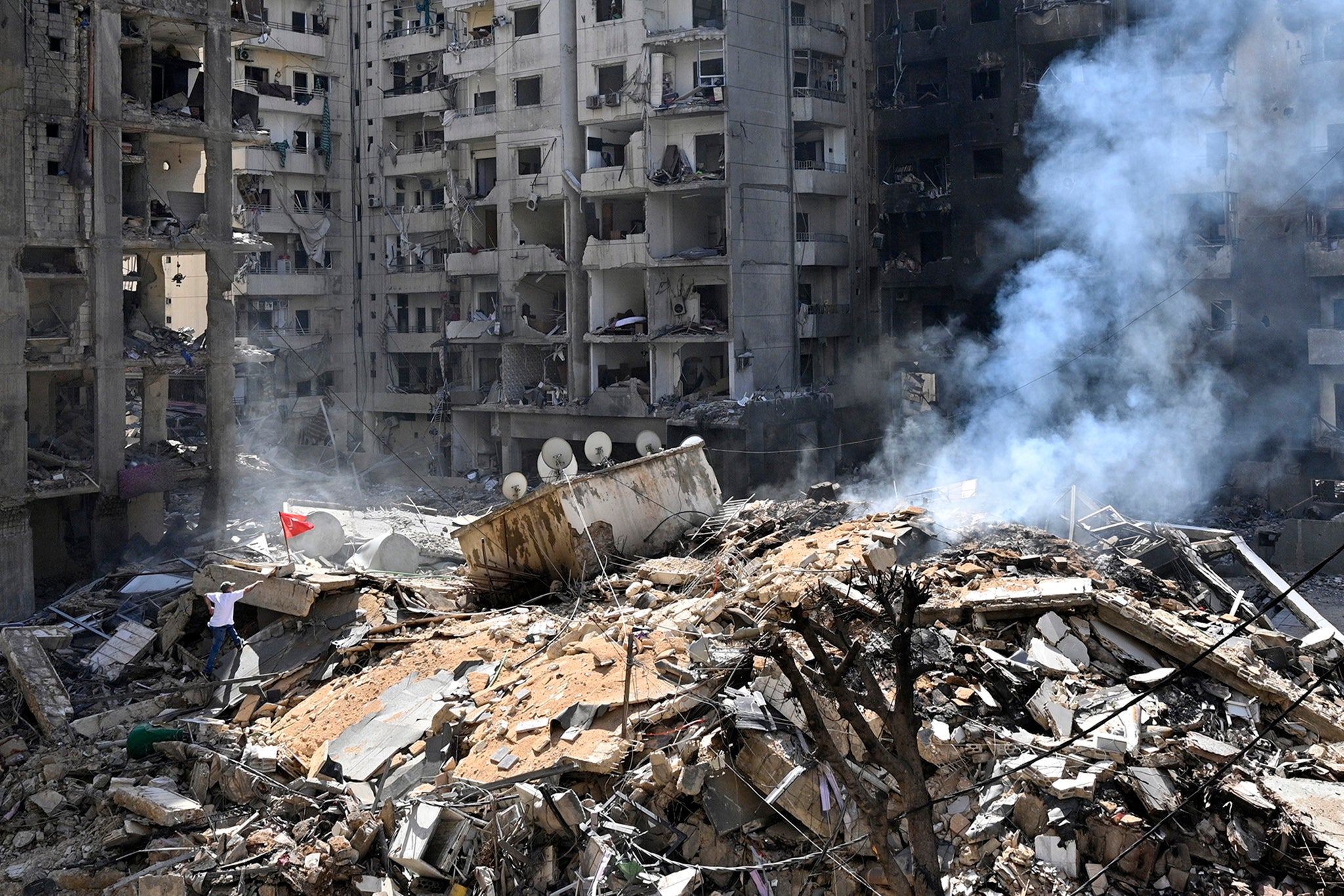 A damaged building following an overnight Israeli military strike in the southern suburbs of Beirut