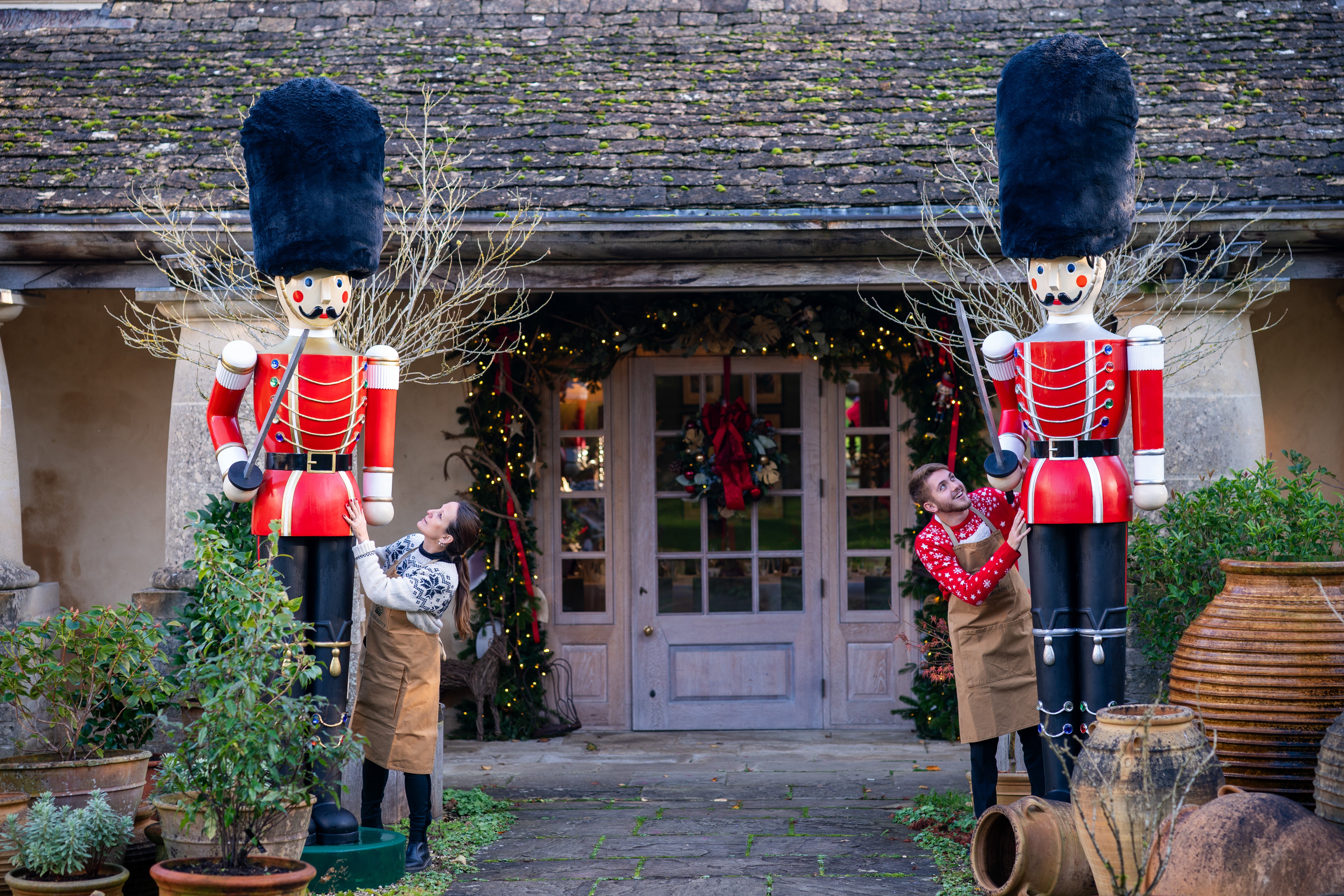 Staff at Highgrove Gardens dress huge nurtcrackers on the Terrace