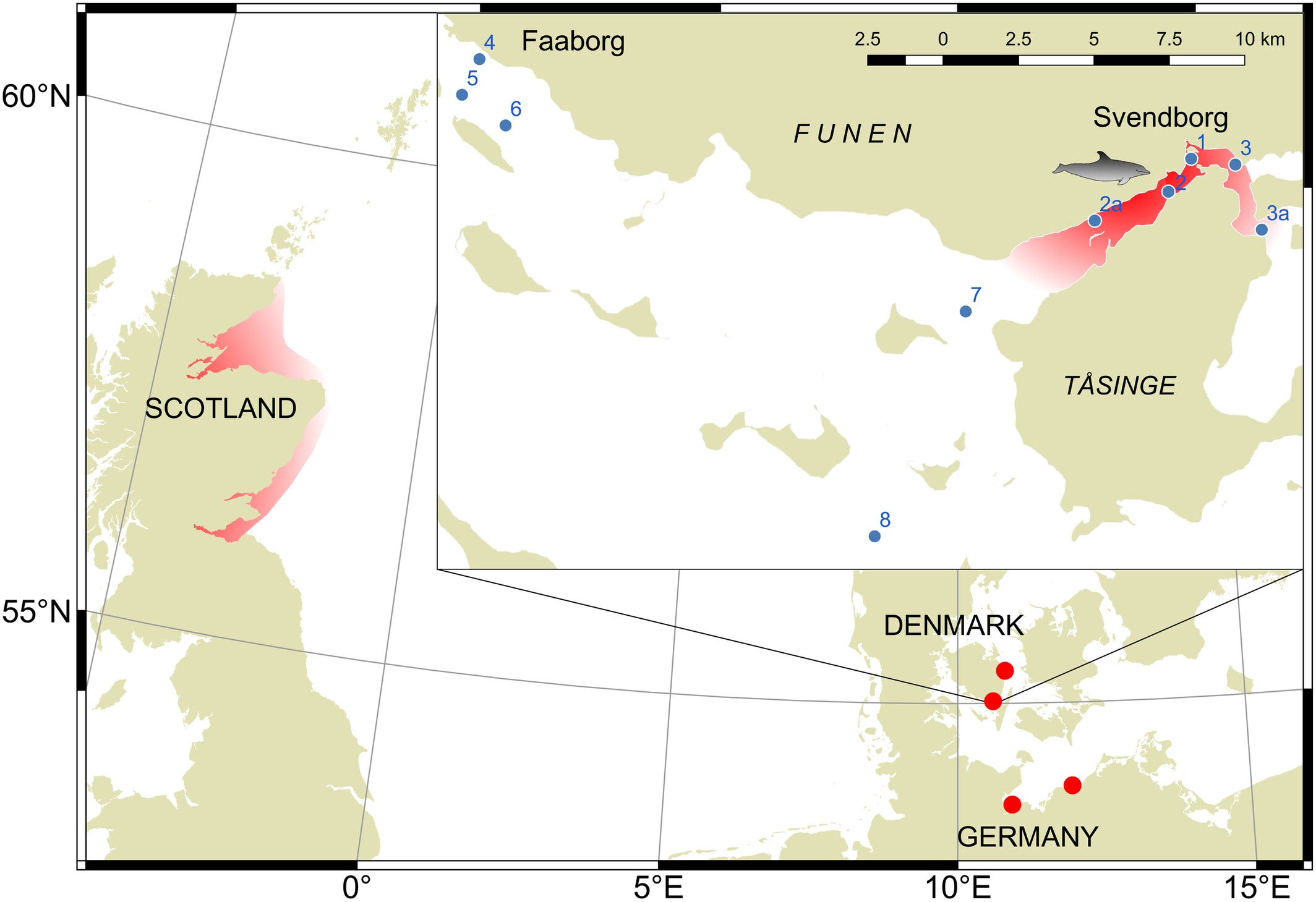 Map showing the original range of Delle’s native population in Scotland and its locations in Denmark and Germany