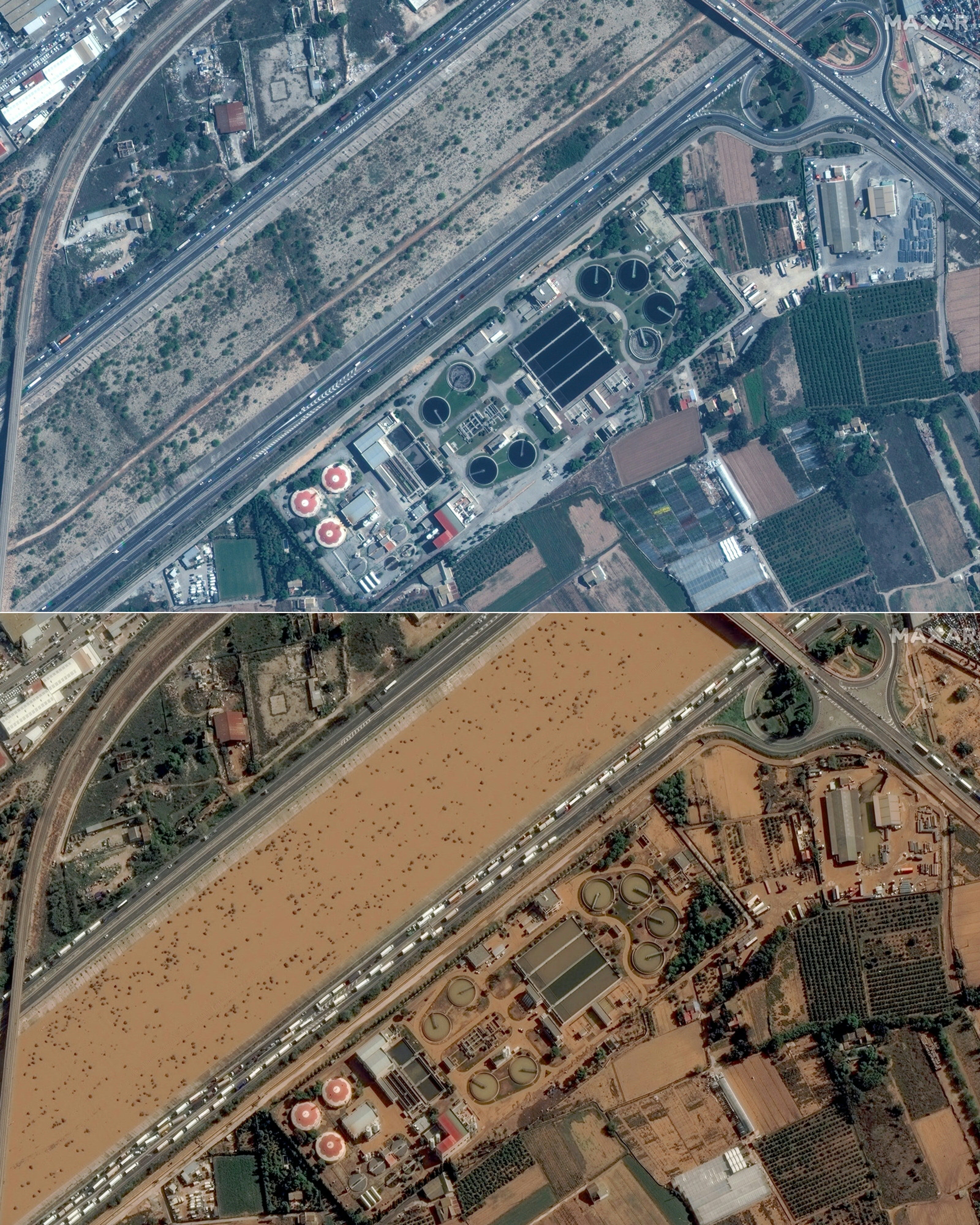 Valencia's water treatment plant and v30 highway before and after deadly flash floods