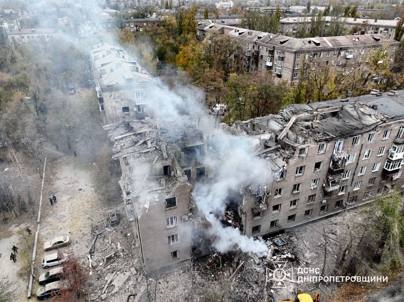 A drone view shows an apartment building hit by a Russian missile strike, amid Russia’s attack on Kryvyi Rih