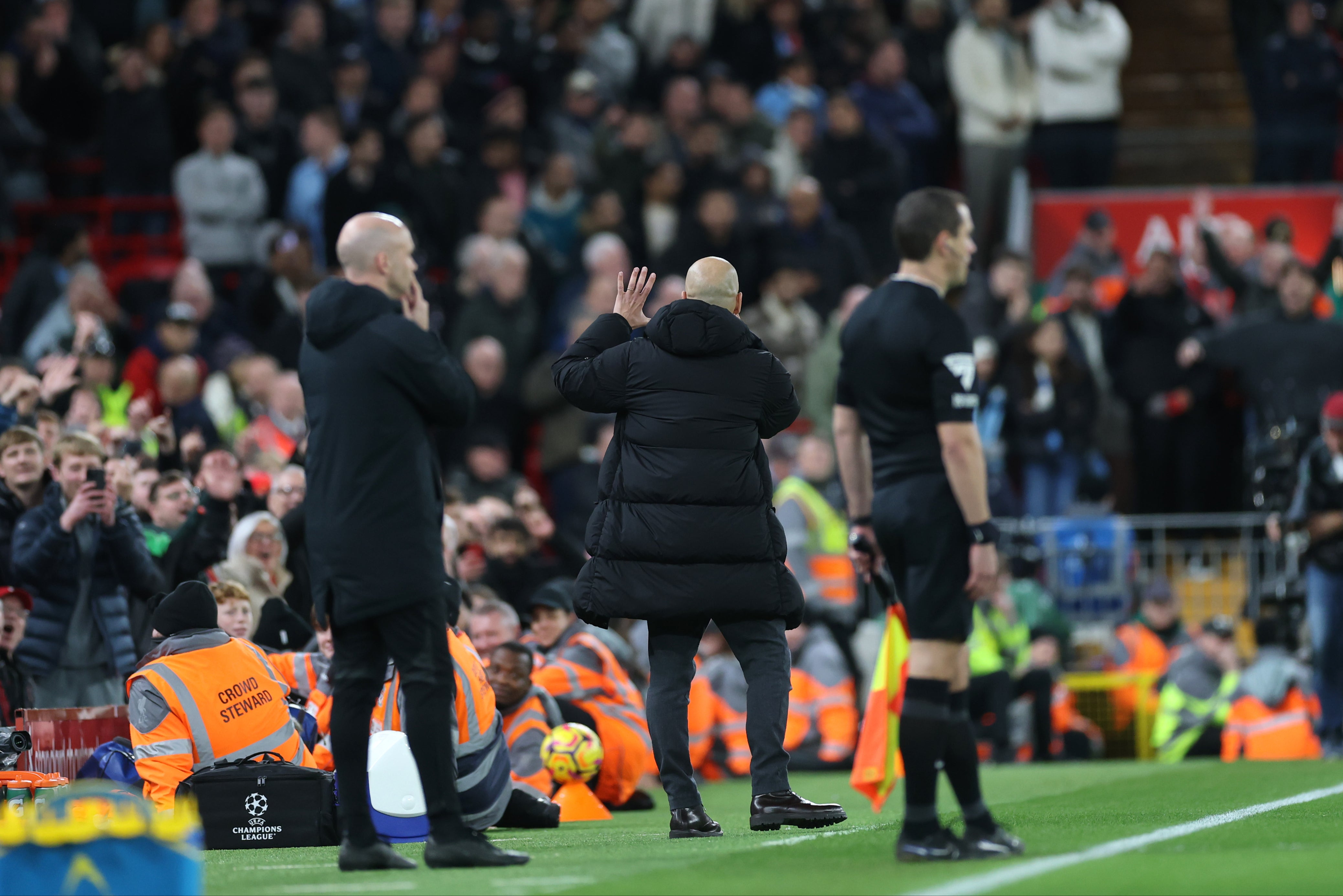 Pep Guardiola held up six fingers to the Liverpool fans