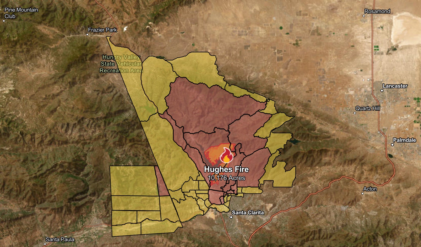 Map of the current spread of the Hughes fire, with areas marked red denoting regions under evacuation orders; yellow highlighting those under evacuation warnings