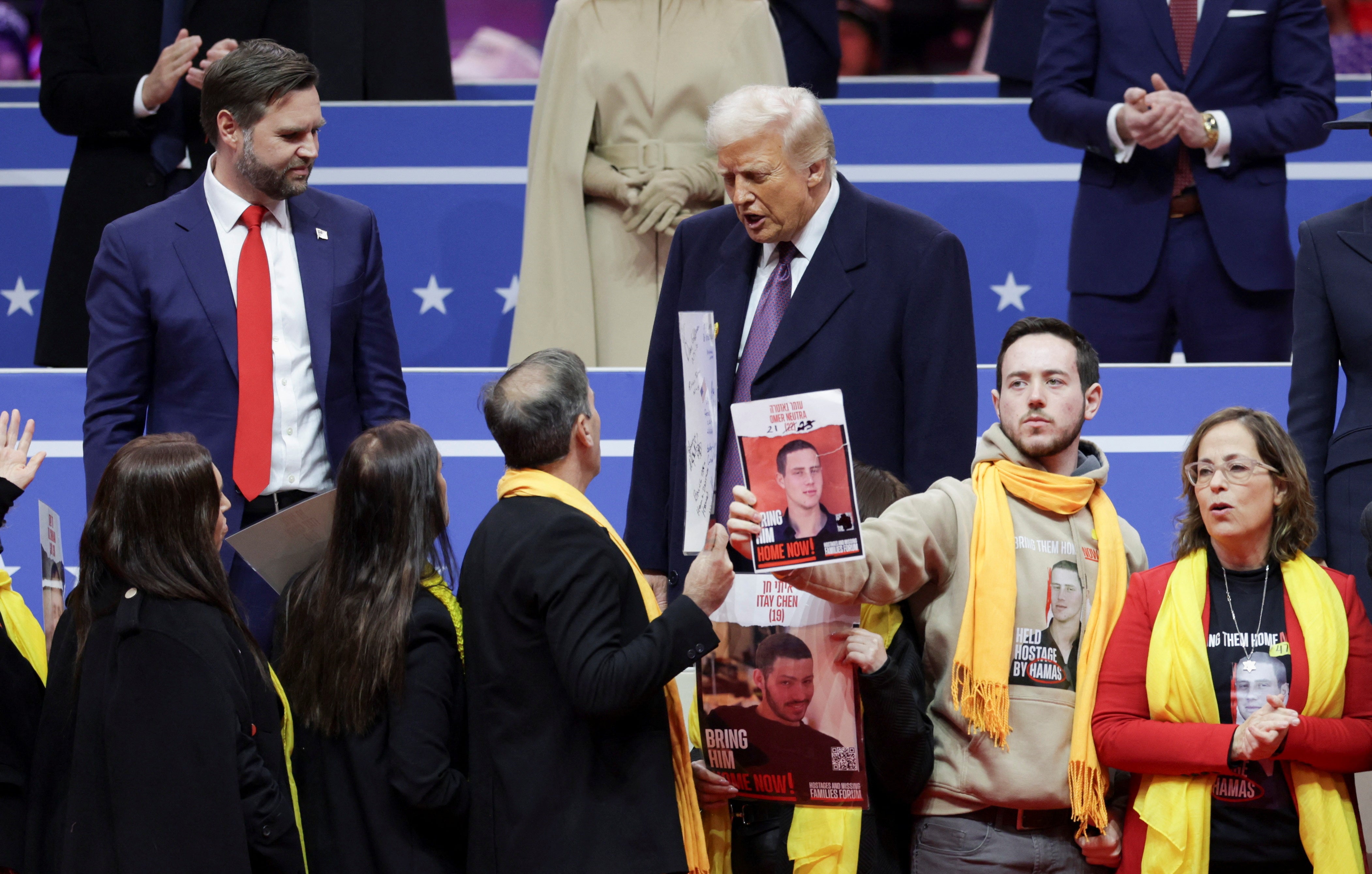 US president Donald Trump and vice president JD Vance joined by relatives of Israeli hostages who have been held in Gaza