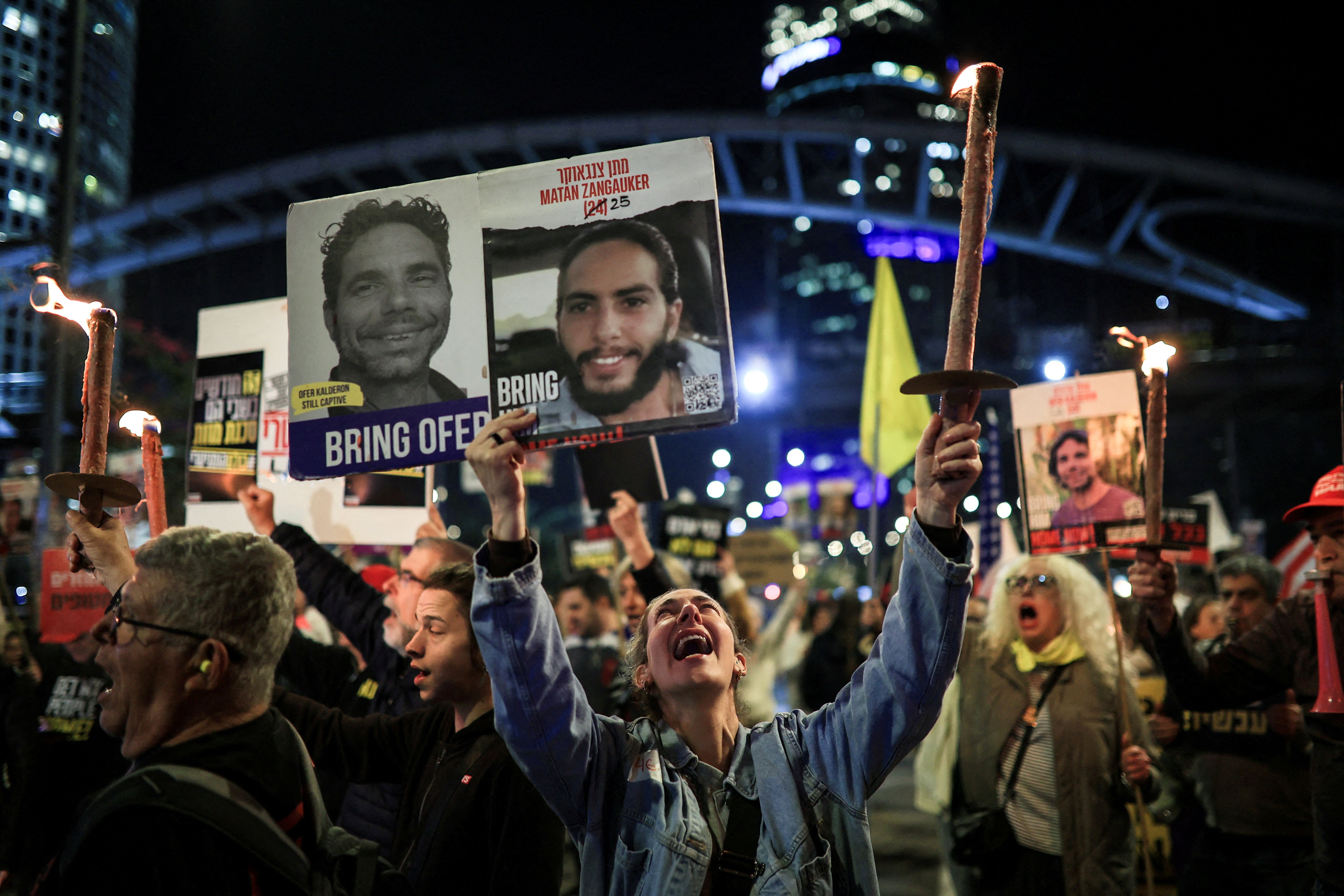 Supporters of Israeli hostages, kidnapped during the deadly October 7 2023 attack by Hamas, demand a deal as they protest amid ongoing negotiations for a ceasefire in Gaza, in Tel Aviv