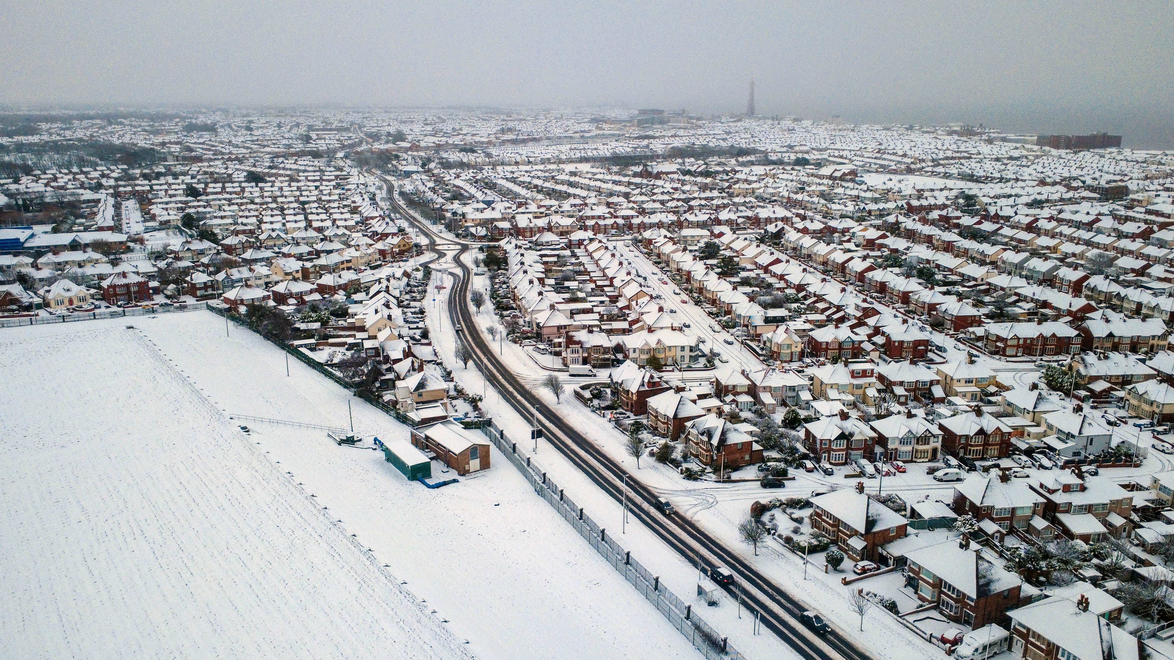 A blanket of snow covers Blackpool in Lancashire on Sunday