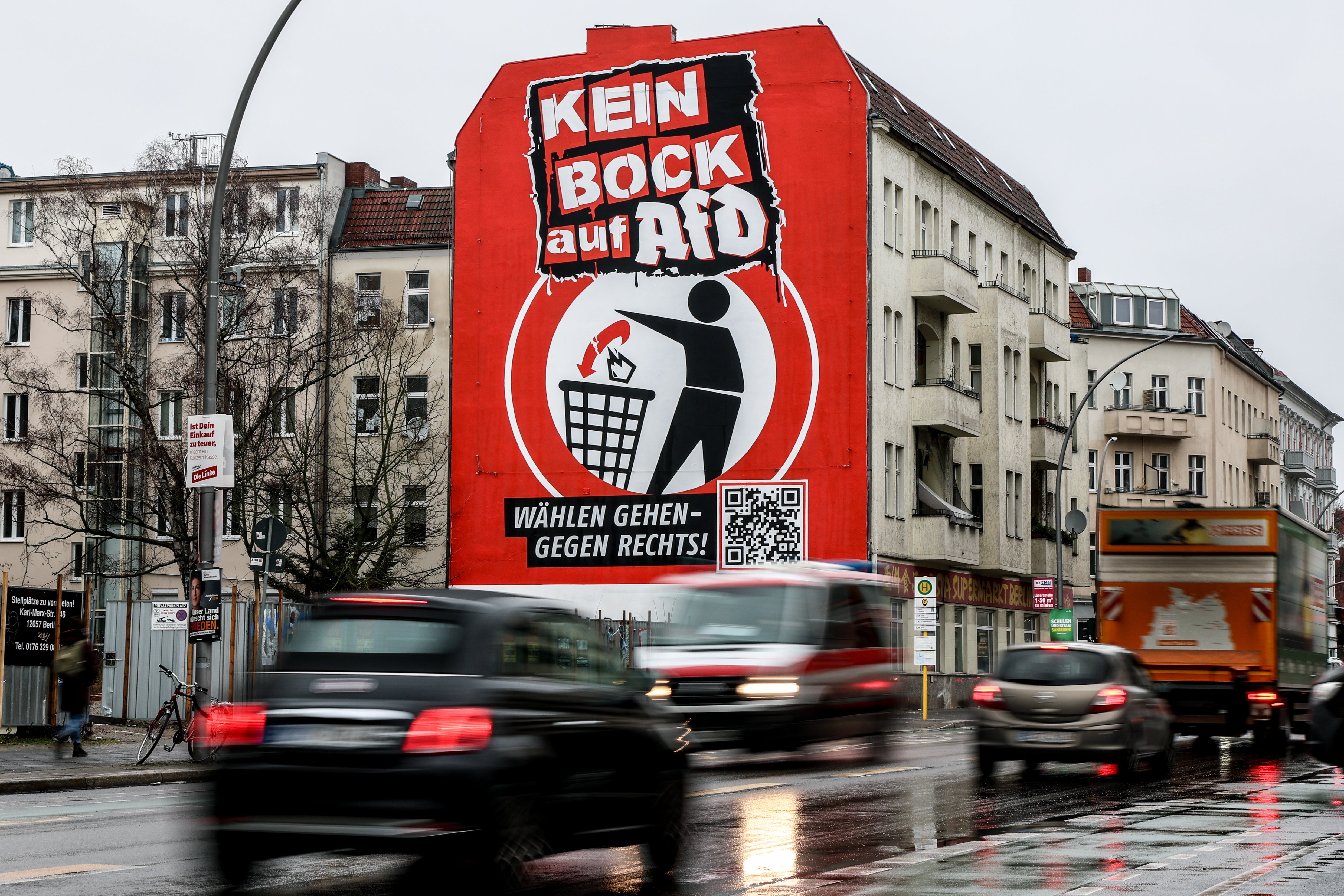 A mural on the wall of a residential house reads, ‘No interest in AfD - voting against the right-wing’