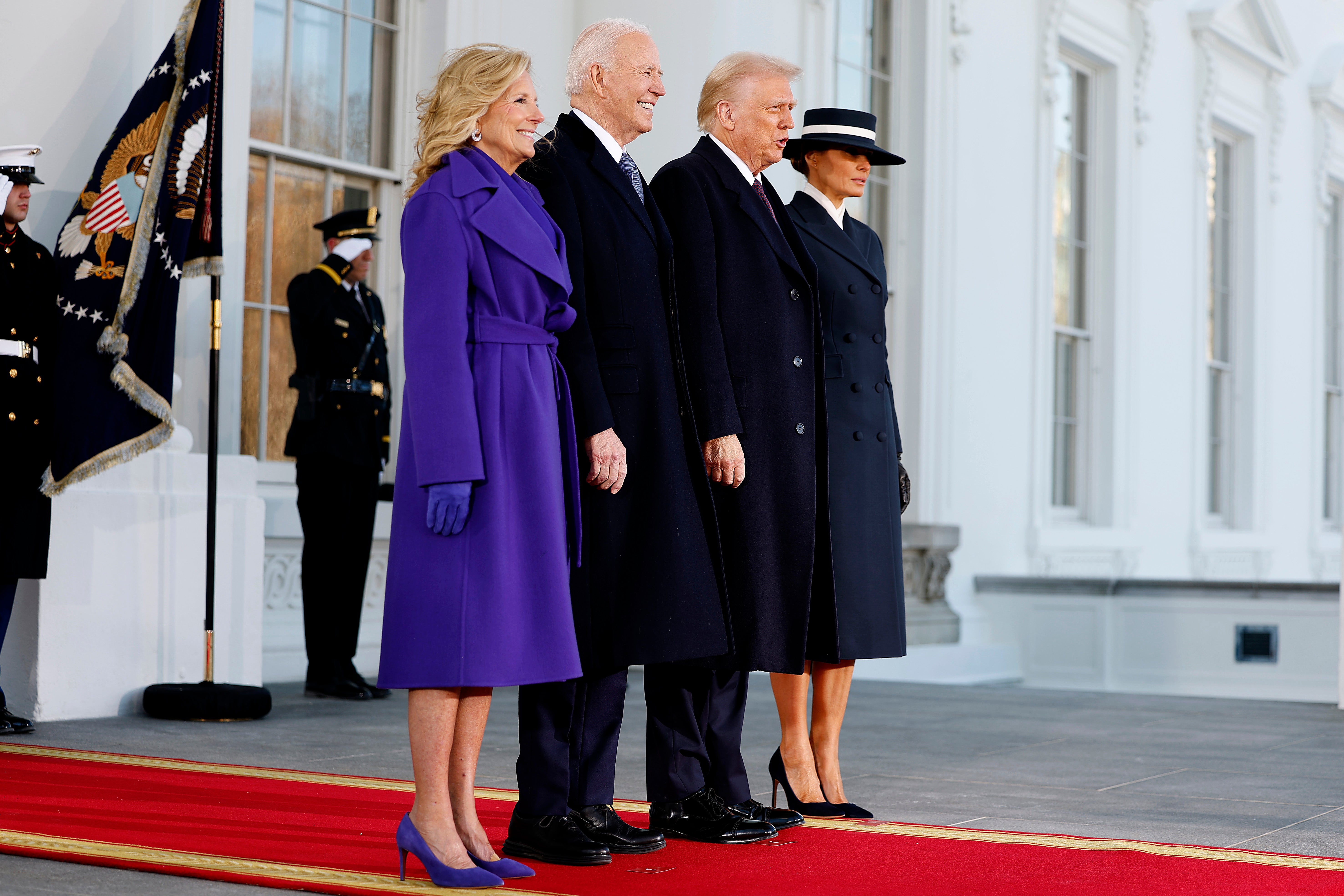 First lady Jill Biden and U.S. President Joe Biden welcome U.S. President-elect Donald Trump and Melania Trump to the White House ahead of inauguration ceremonies on January 20, 2025 in Washington, DC