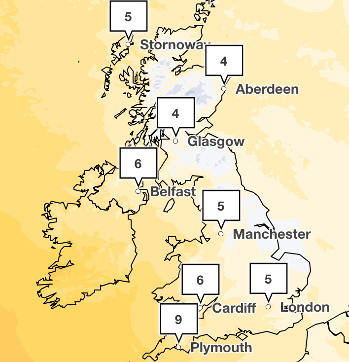 A snapshot of the temperatures forecast at 2pm on Saturday