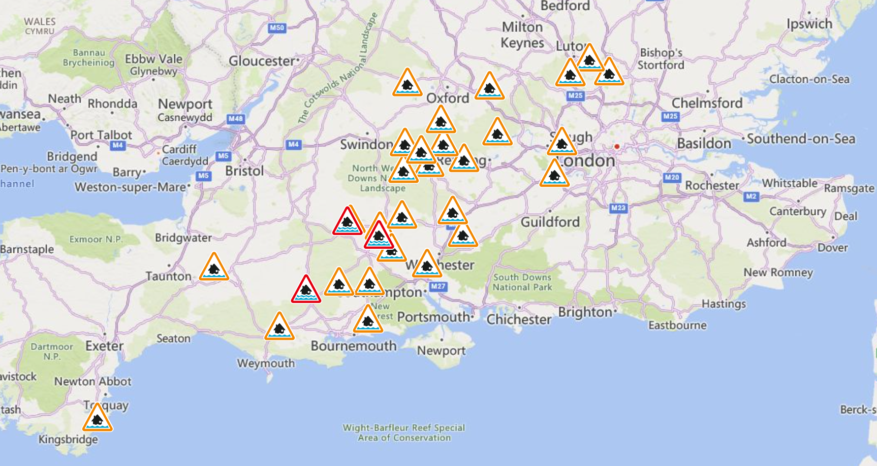 The Environment Agency has issued three flood warnings (red) and 28 alerts (amber)