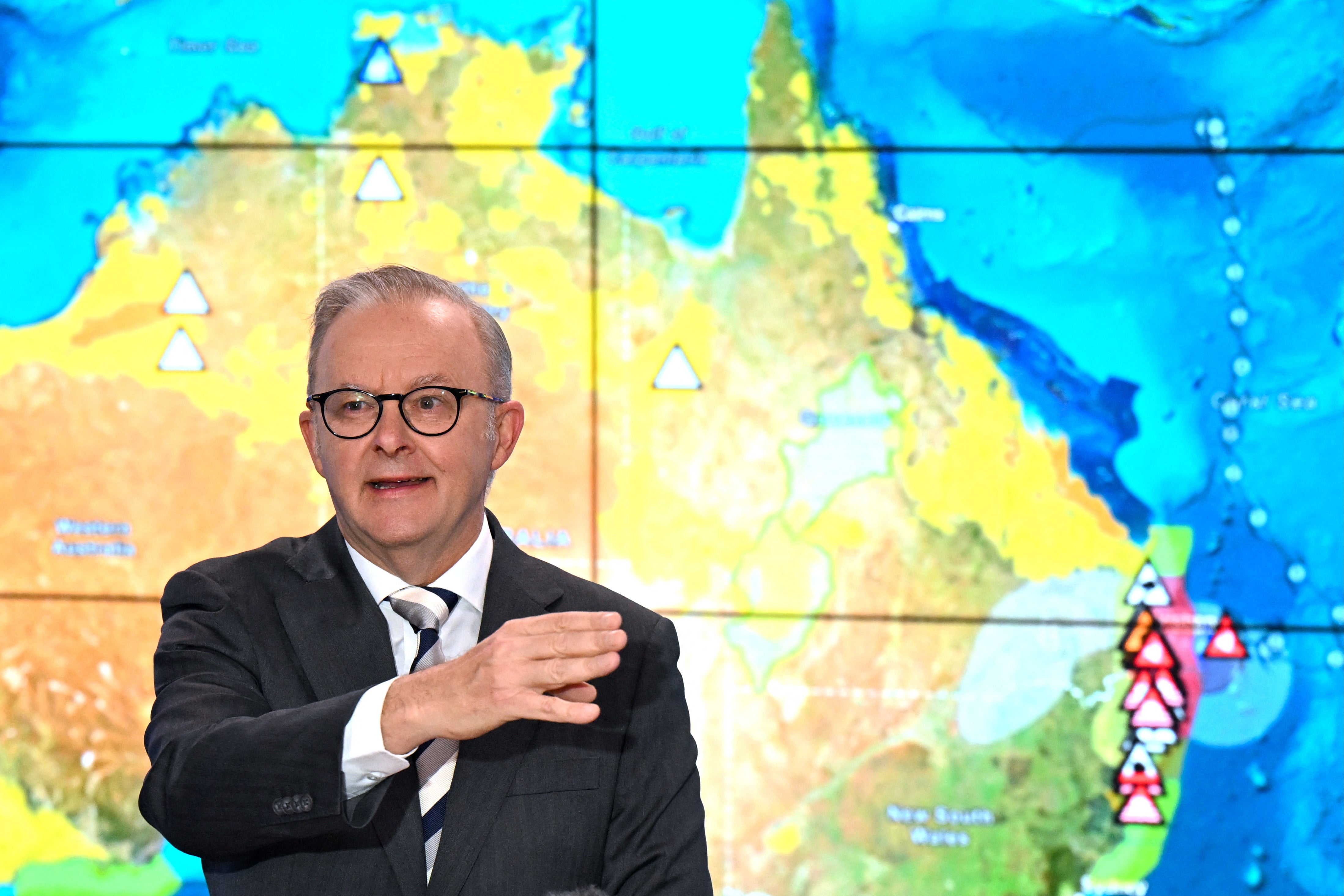 Australian prime minister Anthony Albanese speaks to the media during a press conference about Tropical Cyclone Alfred at the National Situation Room in Canberra, Australia, 7 March 2025