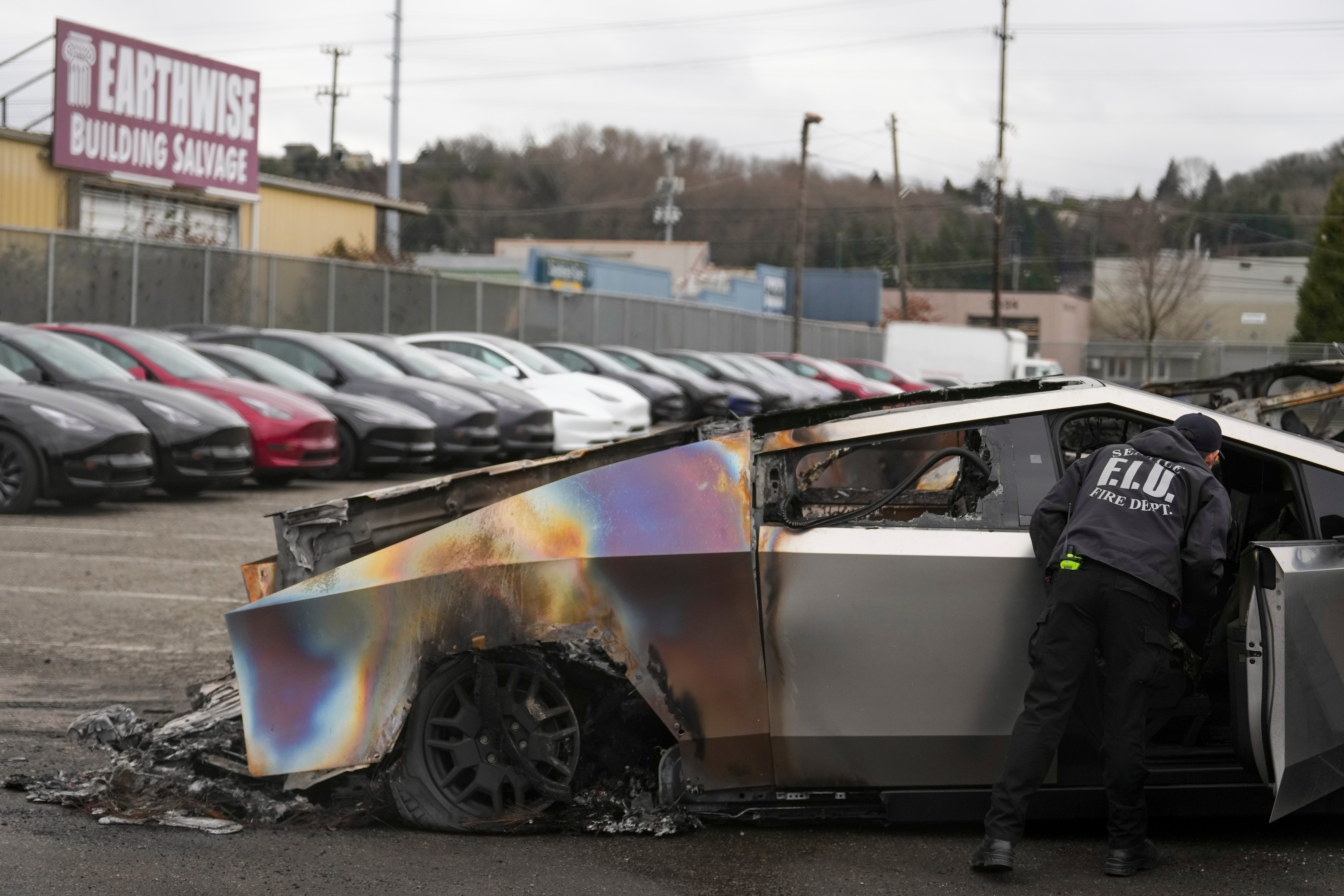 A scorched Tesla pictured in Seattle, Washington