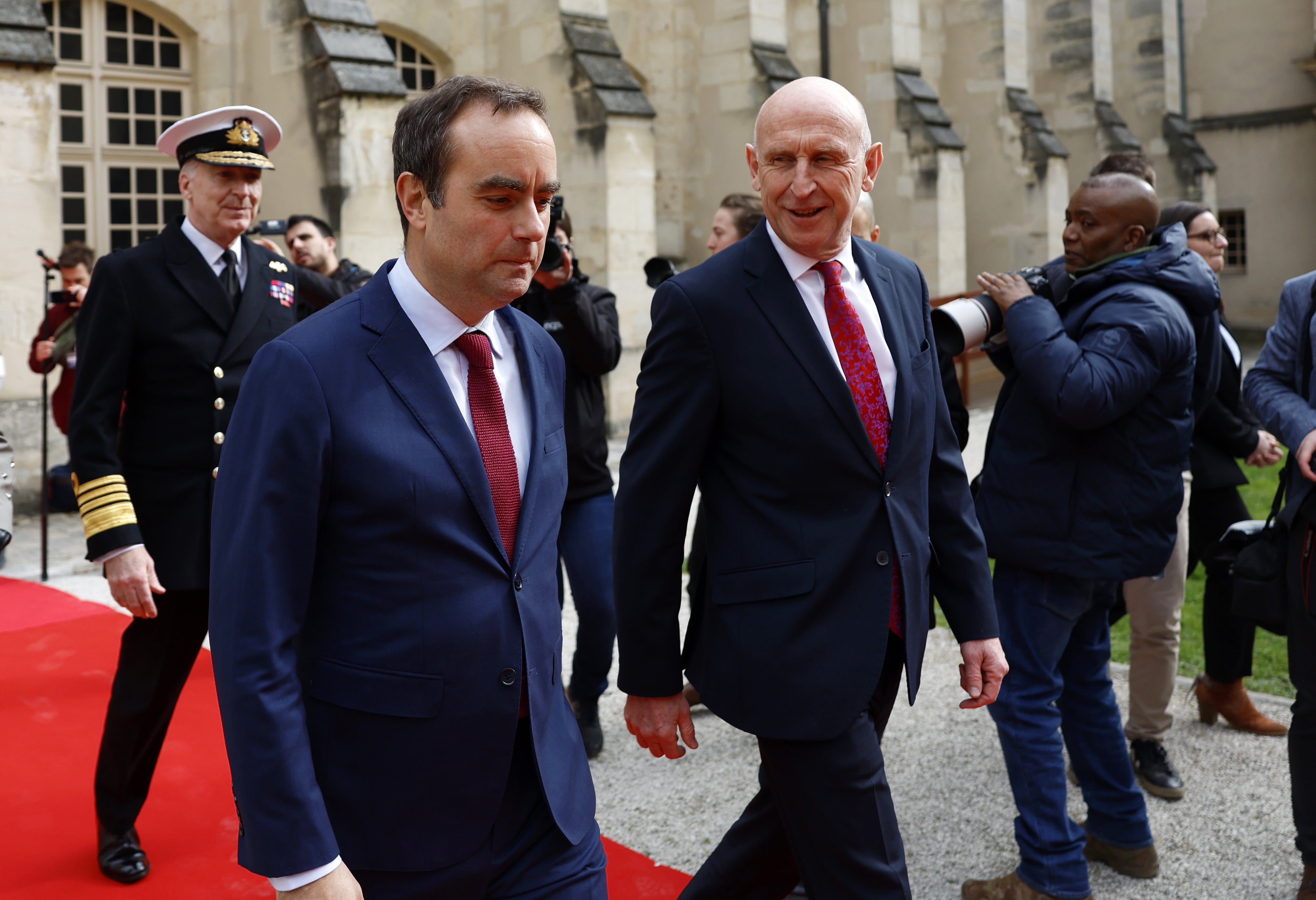 French Minister of Armed Forces Sebastien Lecornu, left, and UK Secretary of State for Defence John Healey