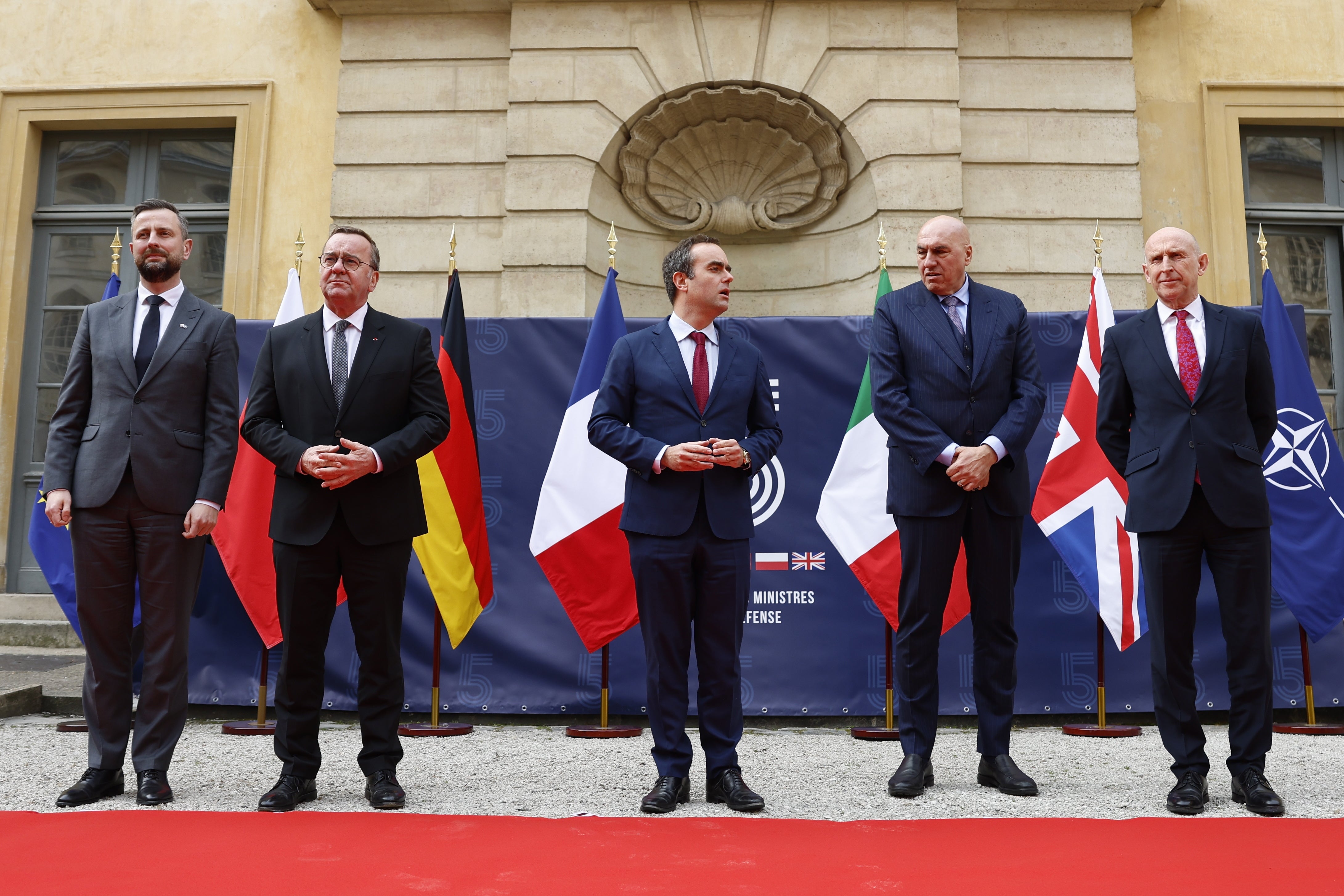 The E5 defence ministers ahead of the meeting: Polish Deputy Prime Minister and Minister of National Defence Wladyslaw Marcin Kosiniak-Kamysz, German Minister of Defence Boris Pistorius, French Minister of the Armed Forces Sebastien Lecornu, Italian Minister of Defense Guido Crosetto, and British Secretary of State for Defence John Healey.