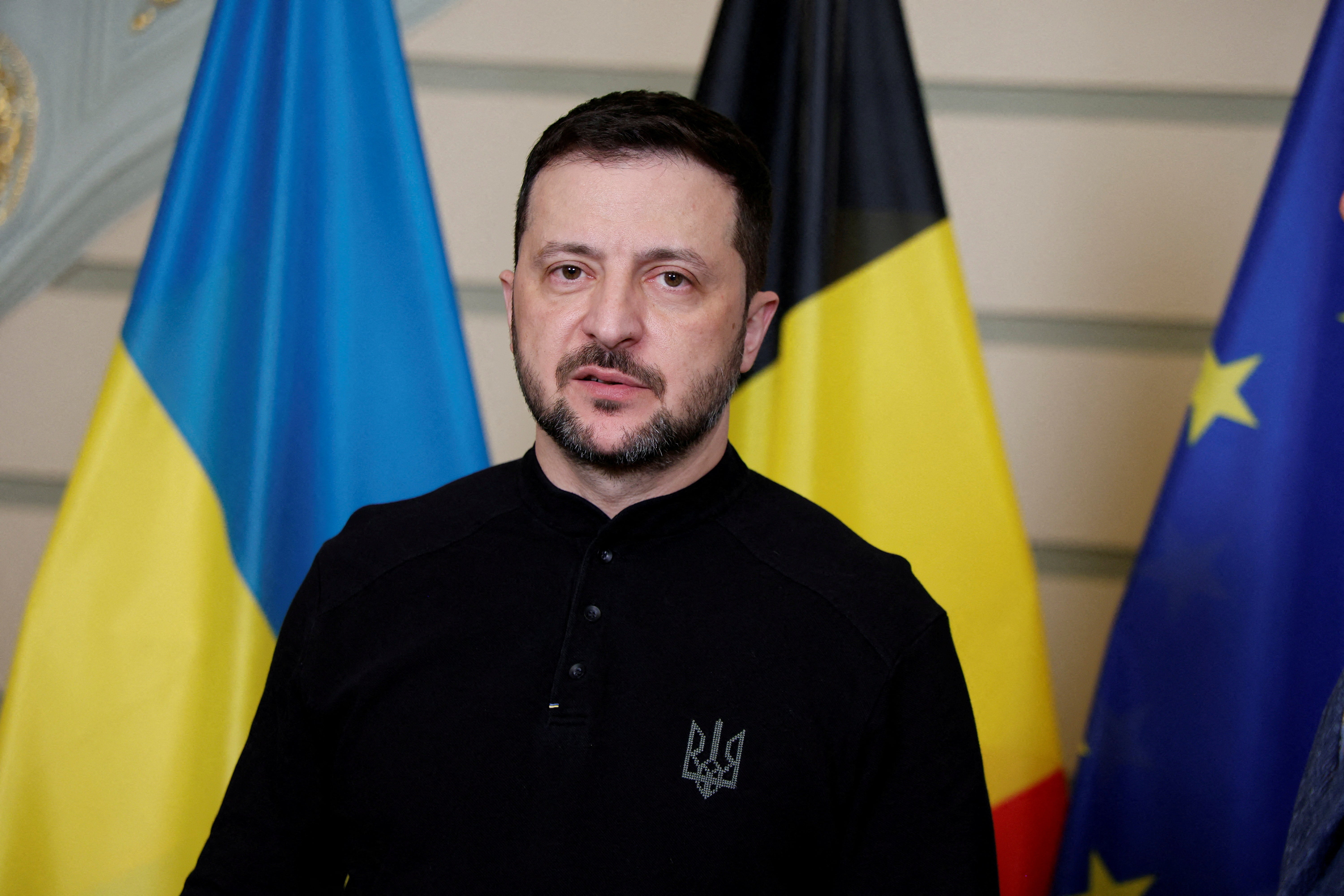 Ukrainian president Volodymyr Zelenskiy looks on during a meeting with Belgian Prime Minister Bart De Wever