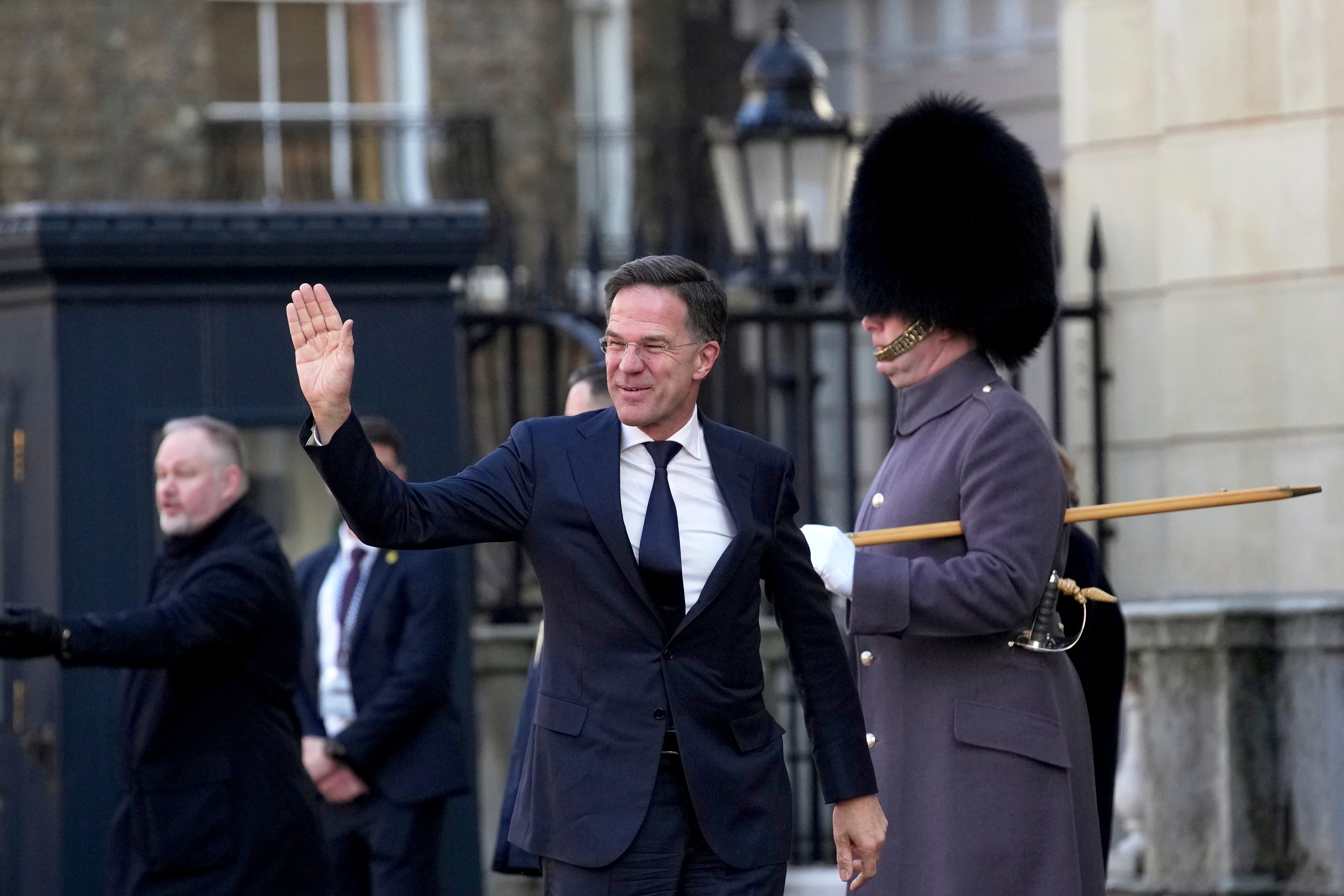 Mr Rutte waves as he arrives for a summit on Ukraine at Lancaster House in London earlier this month