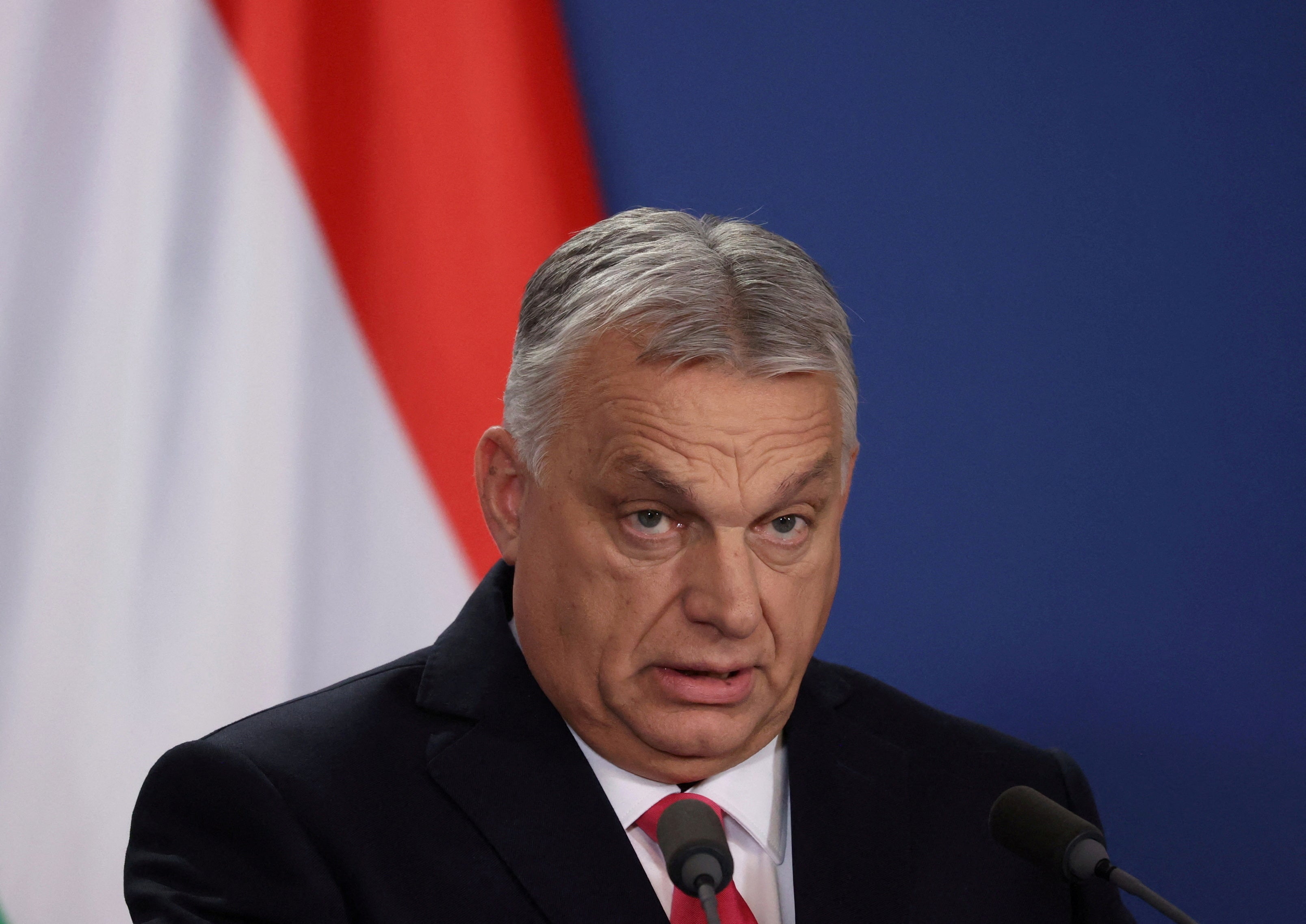 Hungarian Prime Minister Viktor Orban speaks during joint news conference with North Macedonian Prime Minister Hristijan Mickoski in Budapest, Hungary