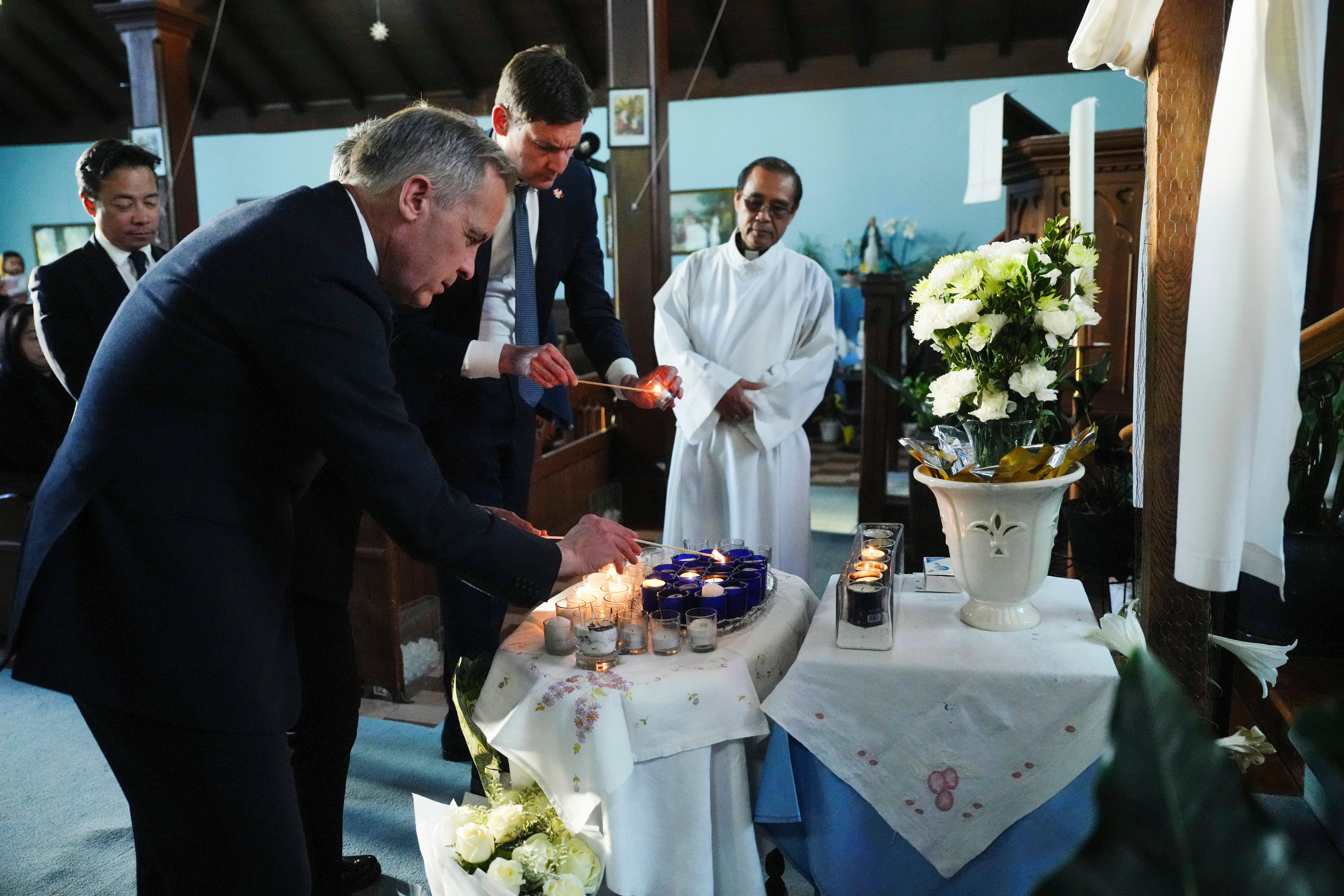 Liberal Leader Mark Carney at a church memorial for the victims of the incident on Sunday