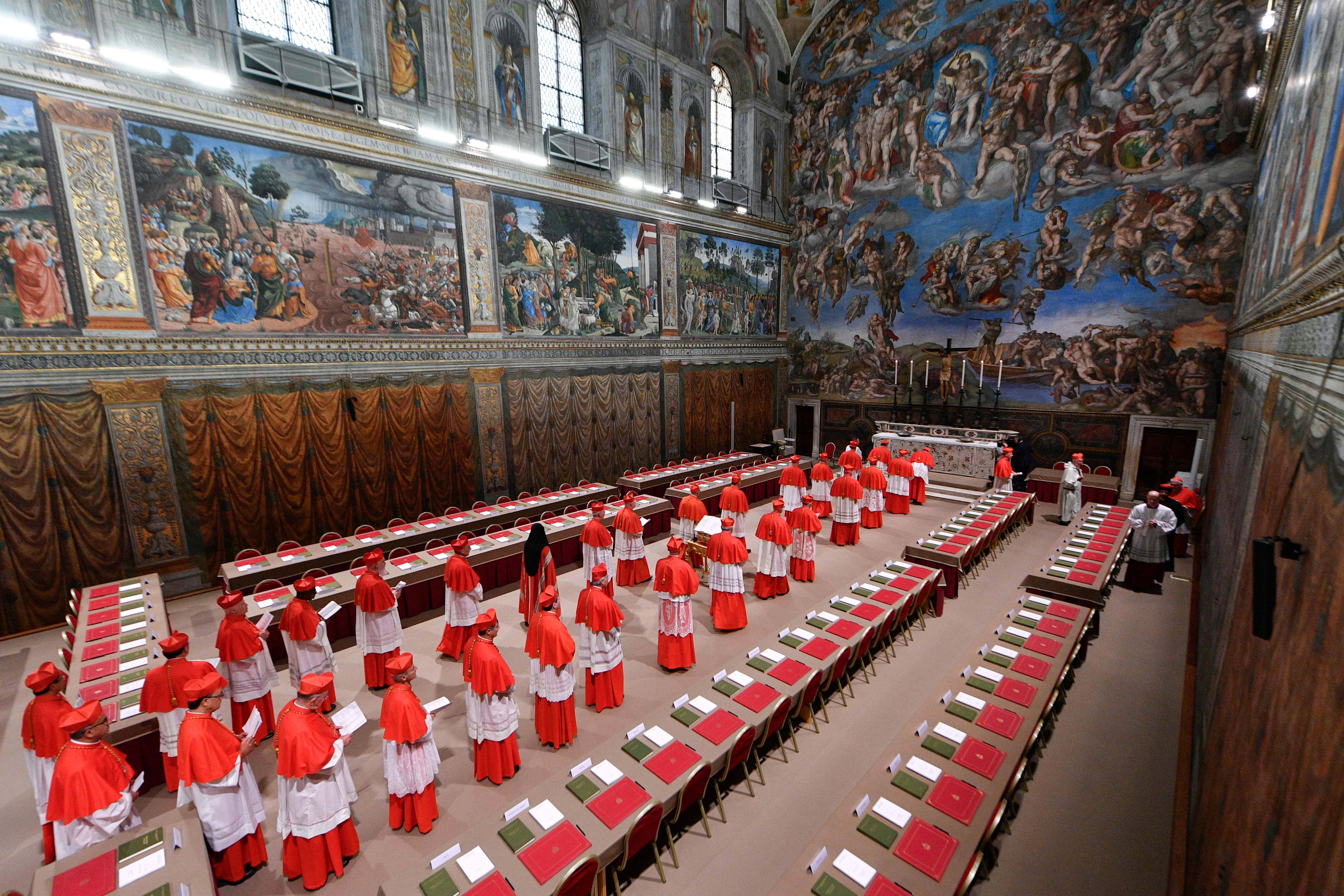 Cardinals entering the Sistine Chapel on Wednesday, where the conclave is held