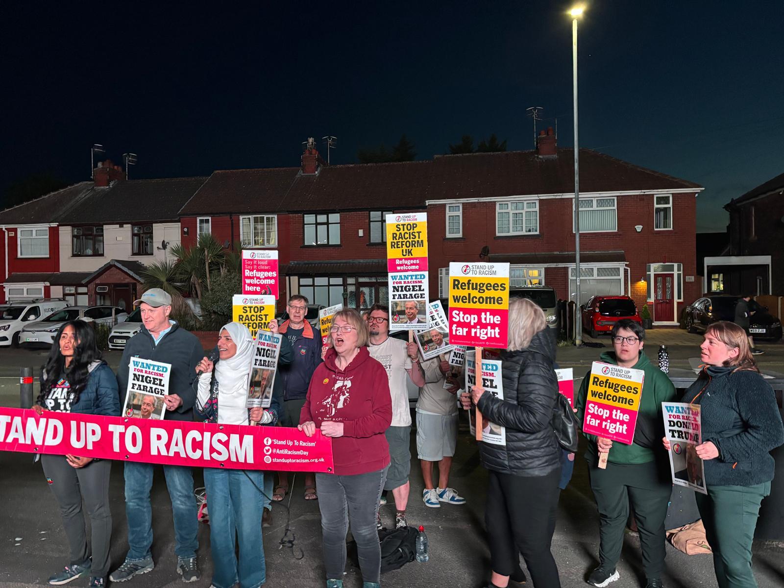 Protesters from Stand Up to Racism, demonstrating outside the Runcorn and Helsby by-election count hall, want to ‘send a clear message’ to Nigel Farage that ‘his racist politics aren't welcome’