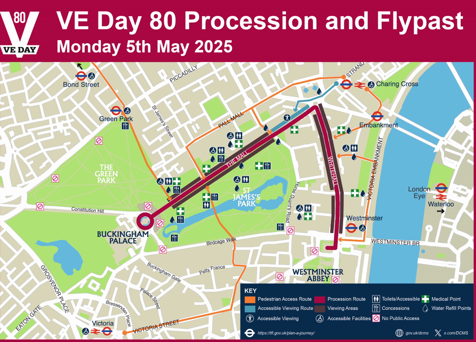 The official map of the VE Day procession and flypast, with the procession route marked in red