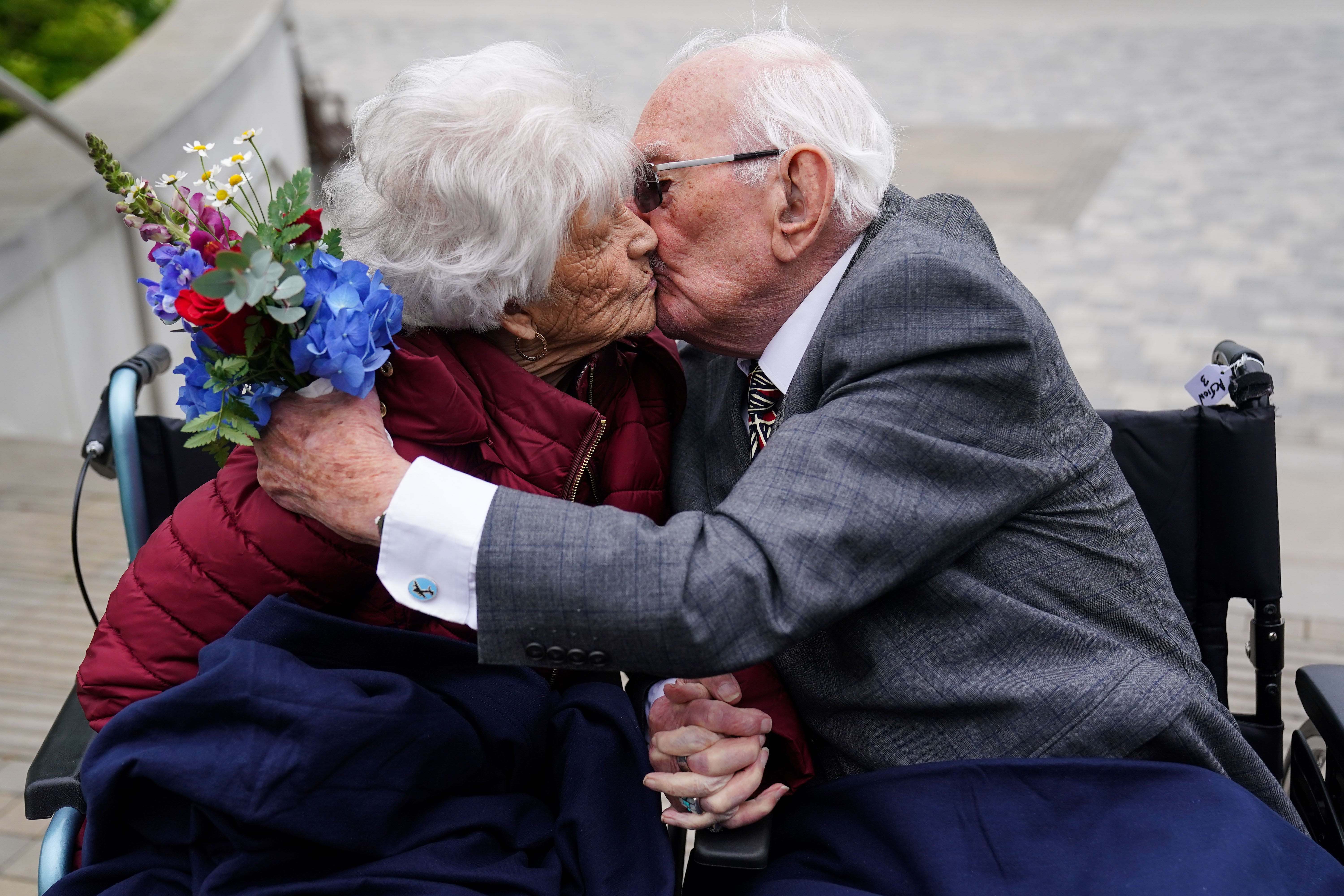 RAF veterans Kathleen, 101, and Roy Lawrence, 101, who have been married for 74 years, at the National Memorial Arboretum, ahead of a memorial event hosted by the Royal British Legion to mark the 80th anniversary of VE Day